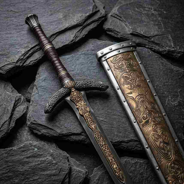 Medieval Engraved Crusader Style Sword with Scabbard