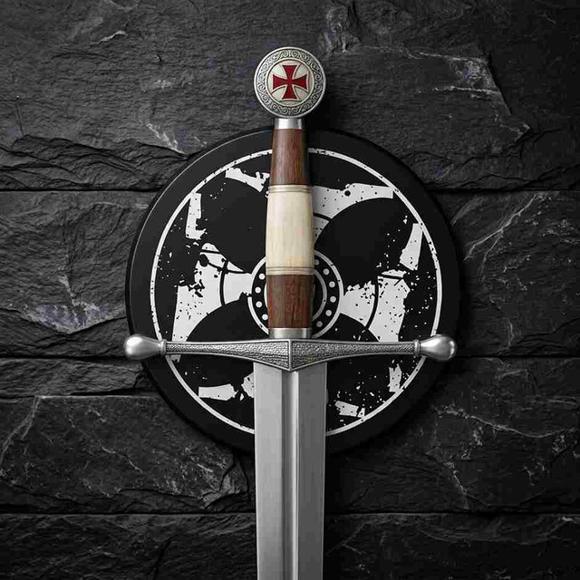 Custom Knights Templar Crusader Sword with Decorative Wall Mount Plaque