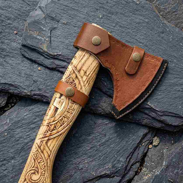 Engraved Viking Vegvisir Hatchet Axe with Leather & Rope Wrap