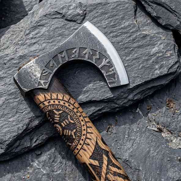 Hand-Forged Viking Runic Carved Bearded Axe
