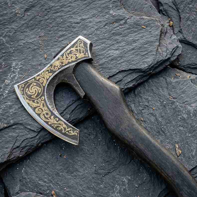 Hand-Forged Viking Gold Leaf Engraved Bearded Hatchet