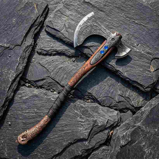 Hand-Forged Viking Gemstone-Embellished Fantasy Axe