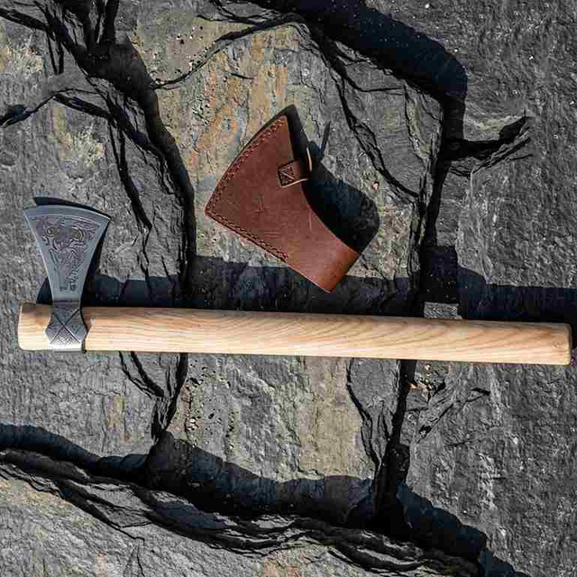 Engraved Viking Bearded Axe with Leather Sheath
